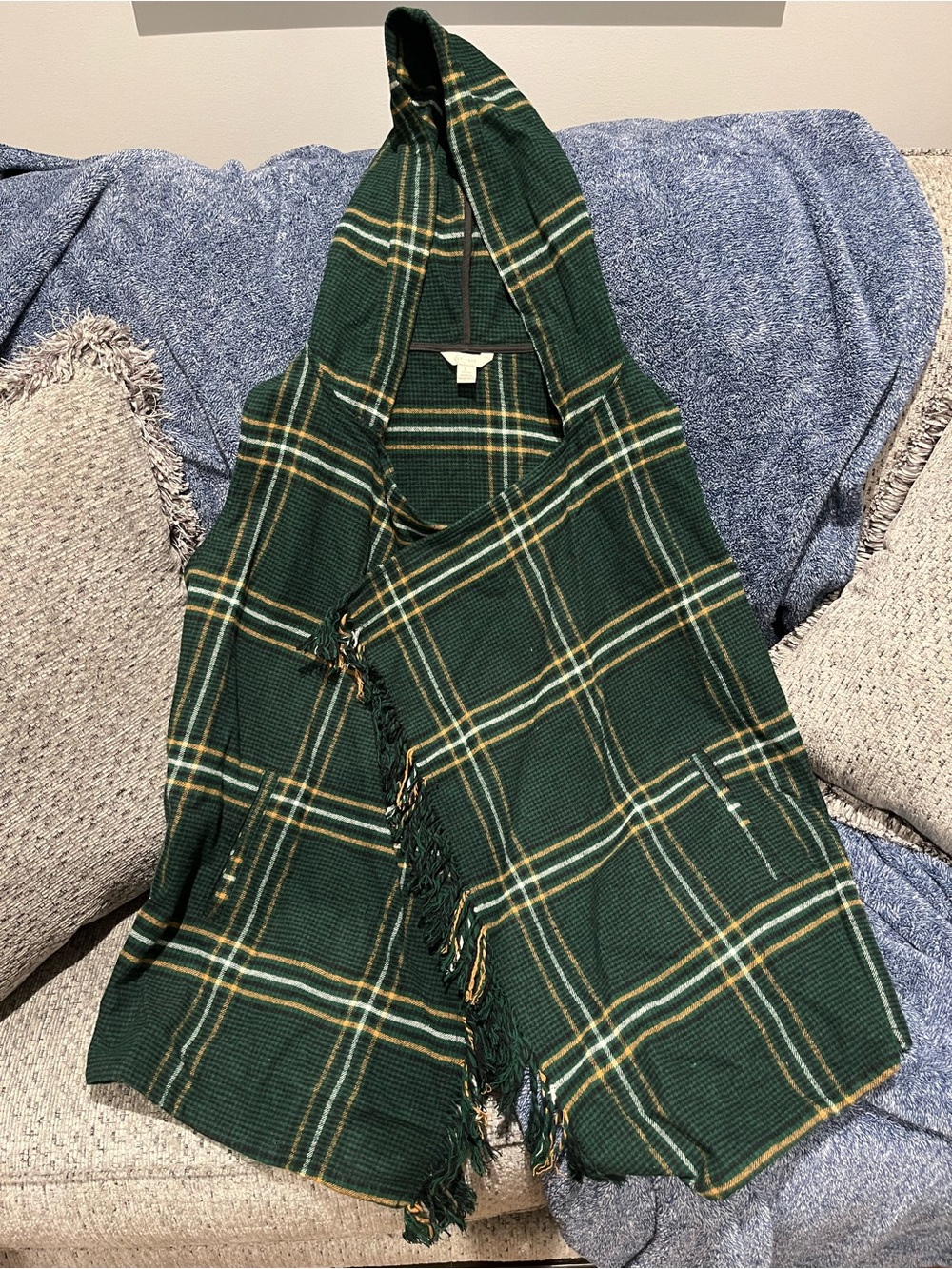 Green Plaid Hooded Fringe Poncho